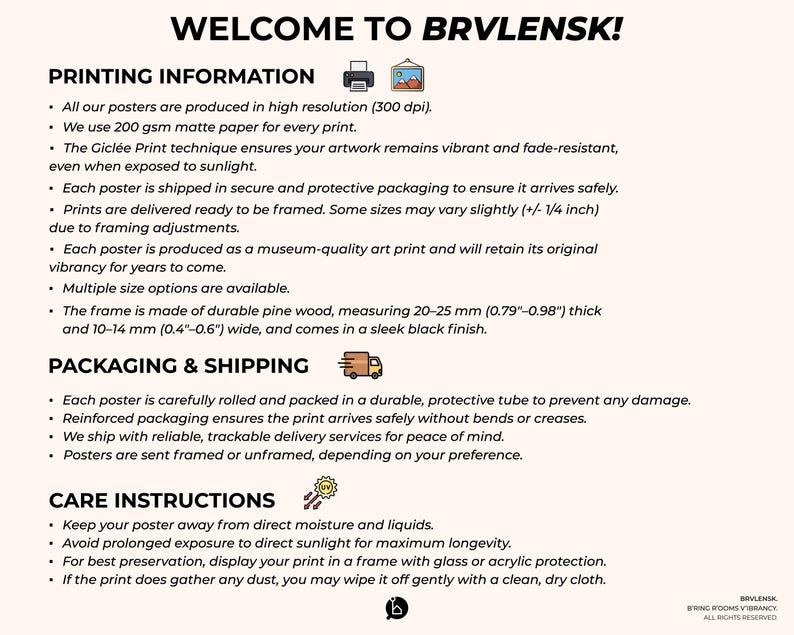 K&ouml;nnte beinhalten: Cremefarbener Poster mit schwarzem Text, einschlie&szlig;lich "WELCOME TO BRVLENSK!" und detaillierten Druck-, Verpackungs- und Pflegehinweisen. Der Rahmen besteht aus langlebigem Kiefernholz, 20-25 mm dick und 10-14 mm breit.