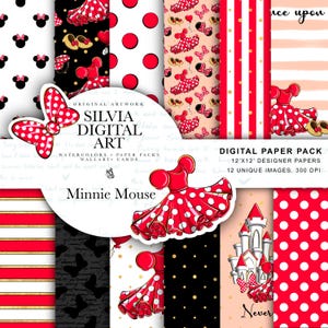 Könnte beinhalten: Digitales Papierpaket mit Minnie Mouse-Designs. Das Paket enthält verschiedene Muster wie Polka Dots, Streifen und Illustrationen von Kleidern und Schleifen. Die Farbpalette ist hauptsächlich Rot, Schwarz und Weiß, mit goldenen Akzenten. Der Text auf dem Bild lautet "SILVIA DIGITAL ART" und "Minnie Mouse".