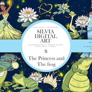 Puede incluir: Arte digital con ilustraciones de "La Princesa y el Sapo". La obra de arte incluye imágenes de la princesa, ranas y otros personajes, con texto que dice "Silvia Digital Art" y "Gráficos de Clip Art 30.5x30.5 cm."