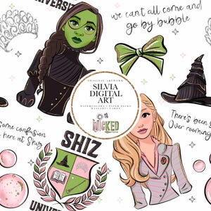 Puede incluir: Un fondo blanco con ilustraciones de personajes y símbolos del musical Wicked. Incluye una mujer de piel verde, una mujer rubia, un sombrero de bruja, un lazo y el escudo de Shiz. El texto incluye "Wicked" y "Shiz".