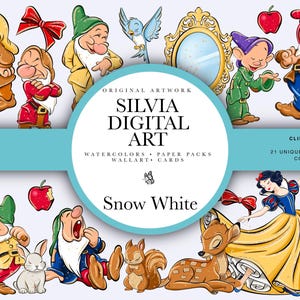 Puede incluir: Ilustración digital de Blancanieves y los siete enanitos. La obra de arte incluye un pájaro azul, un espejo, manzanas, un ciervo y una ardilla. El texto dice "SILVIA DIGITAL ART" y "Snow White". Los gráficos prediseñados miden 30,48 cm x 30,48 cm.