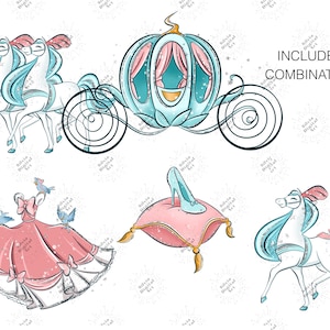 May include: A watercolour illustration of a Cinderella theme. It features a blue and pink carriage, a pink ball gown, a glass slipper on a pink cushion, and white horses with blue manes and pink accents. Text reads "INCLUDED COMBINATION".
