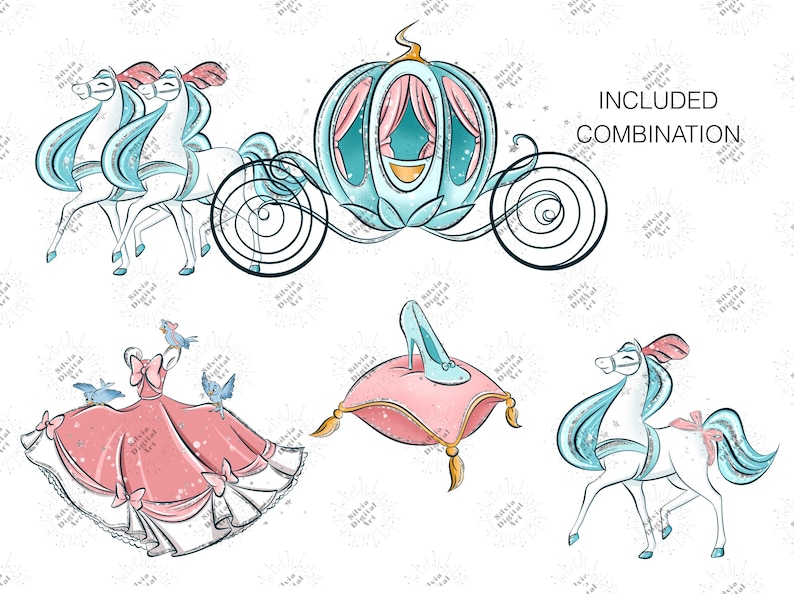 May include: A watercolour illustration of a Cinderella theme. It features a blue and pink carriage, a pink ball gown, a glass slipper on a pink cushion, and white horses with blue manes and pink accents. Text reads "INCLUDED COMBINATION".