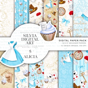 Puede incluir: Paquete de papel digital con diseños temáticos de Alicia en el país de las maravillas. Incluye ilustraciones de un vestido, una magdalena con el texto "eat me", relojes, llaves y naipes. El paquete incluye 12 imágenes únicas, 30,5 x 30,5 cm, 300 DPI.