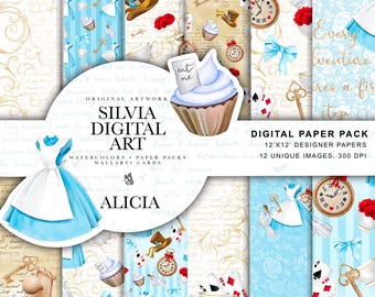 Alice in Wonderland Paper Pack,Watercolor Mad Hatter Scrapbook Tea Party Background Fairytale Seamless