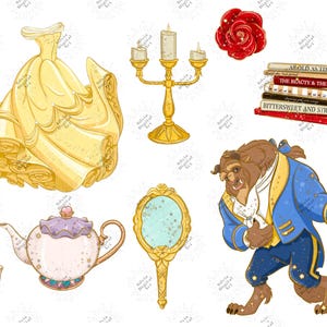 May include: Digital illustration featuring elements from Beauty and the Beast. Includes a yellow gown, candelabra, red rose, books, Beast, teapot, teacup, and a hand mirror. The style is cartoonish with soft colors.
