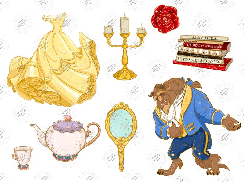 May include: Digital illustration featuring elements from Beauty and the Beast. Includes a yellow gown, candelabra, red rose, books, Beast, teapot, teacup, and a hand mirror. The style is cartoonish with soft colors.