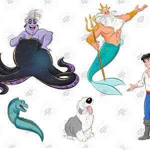 K&ouml;nnte beinhalten: Digitale Illustrationen von Charakteren aus einem beliebten Animationsfilm. Enth&auml;lt Ursula die Meerhexe, K&ouml;nig Triton, Prinz Eric, einen Hund und einen Aal. Die Charaktere sind in leuchtenden Farben und detaillierten Designs.
