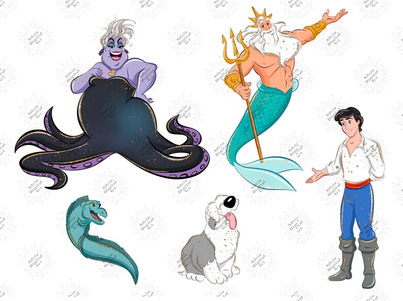 K&ouml;nnte beinhalten: Digitale Illustrationen von Charakteren aus einem beliebten Animationsfilm. Enth&auml;lt Ursula die Meerhexe, K&ouml;nig Triton, Prinz Eric, einen Hund und einen Aal. Die Charaktere sind in leuchtenden Farben und detaillierten Designs.
