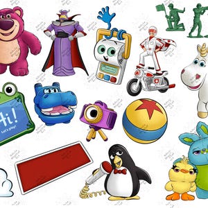 May include: A collection of colorful cartoon character illustrations, including a pink bear, a purple villain, a roll of paper with a face, a motorcycle rider, a white unicorn, green toy soldiers, a frog with a sign, a blue hippo, a purple camera, a ball, a red rectangle, a penguin, a cloud, and two plush toys.