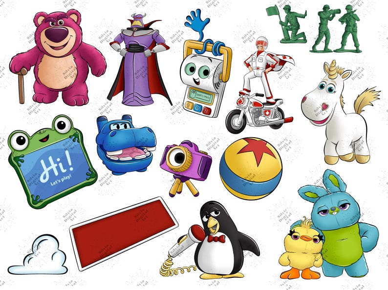 May include: A collection of colorful cartoon character illustrations, including a pink bear, a purple villain, a roll of paper with a face, a motorcycle rider, a white unicorn, green toy soldiers, a frog with a sign, a blue hippo, a purple camera, a ball, a red rectangle, a penguin, a cloud, and two plush toys.