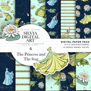 Puede incluir: Un paquete de papel digital con ilustraciones de una princesa, una rana y nenúfares. Los diseños incluyen varios patrones en azul, verde y dorado. El texto de la imagen dice "The Princess and The Frog".