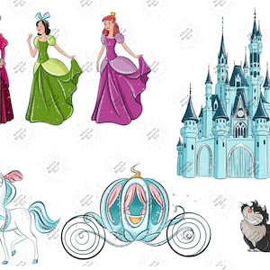 May include: Digital illustration featuring Cinderella-themed elements. Includes three princesses in gowns, a castle, a horse, a carriage, and a cat. The colour palette includes pink, green, purple, and blue.