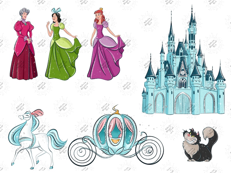 May include: Digital illustration featuring Cinderella-themed elements. Includes three princesses in gowns, a castle, a horse, a carriage, and a cat. The colour palette includes pink, green, purple, and blue.