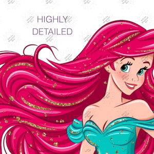 K&ouml;nnte beinhalten: Cartoon-Illustration einer Figur mit langen, flie&szlig;enden, pinkfarbenen Haaren und einem t&uuml;rkisfarbenen Kleid. Der Text &bdquo;HIGHLY DETAILED&ldquo; ist enthalten. Goldglitzer akzentuiert das Haar und das Kleid. Die Figur hat gr&uuml;ne Augen und ein L&auml;cheln.