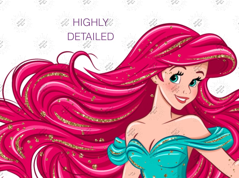 K&ouml;nnte beinhalten: Cartoon-Illustration einer Figur mit langen, flie&szlig;enden, pinkfarbenen Haaren und einem t&uuml;rkisfarbenen Kleid. Der Text &bdquo;HIGHLY DETAILED&ldquo; ist enthalten. Goldglitzer akzentuiert das Haar und das Kleid. Die Figur hat gr&uuml;ne Augen und ein L&auml;cheln.
