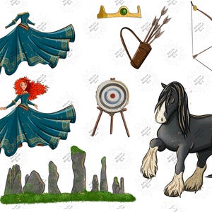 May include: Digital illustration of a princess in a teal gown, a horse, a bow and arrow, a target, a crown, and a quiver of arrows. Also included are standing stones and a dress. The image has a cartoon style.