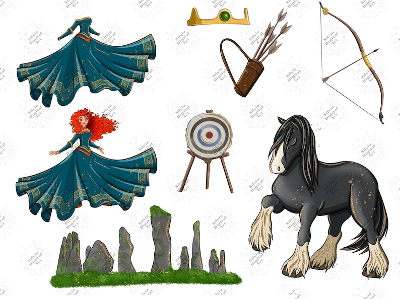 May include: Digital illustration of a princess in a teal gown, a horse, a bow and arrow, a target, a crown, and a quiver of arrows. Also included are standing stones and a dress. The image has a cartoon style.