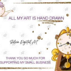 May include: A digital art design with a white background, featuring a teapot, a clock, and gold glitter accents. The text reads "ALL MY ART IS HAND DRAWN" and "THANK YOU SO MUCH FOR SUPPORTING MY SMALL BUSINESS."