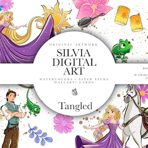 May include: Digital art featuring illustrations from the movie Tangled. The artwork includes characters like Rapunzel, Flynn Rider, and Pascal, along with elements such as the sun symbol, lanterns, and flowers. The clipart graphics are 12x12 inches and include 30 unique illustrations.