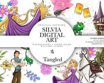 Rapunzel Clipart, Princess PNG, Fairytale, Blondie, Tower, Pascal, Maximus, Hand Drawn