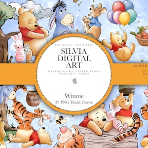 Puede incluir: Una impresión de arte digital con Winnie the Pooh y sus amigos. La imagen incluye personajes como Pooh, Tigger, Eeyore, Piglet y Roo. La obra de arte está pintada a mano e incluye el texto "Silvia Digital Art" y "Winnie".