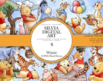 Winnie the Pooh Clipart PNG Bundle, Hand Drawn Hundred Acre Wood Baby Shower, Pooh Bear Nursery, First Birthday Sublimation Cricut
