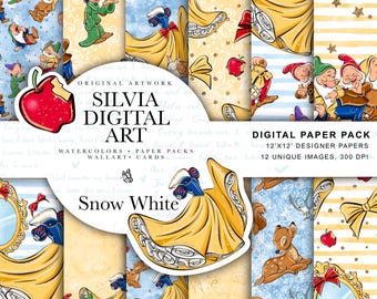 May include: A collection of 12 digital paper designs featuring Snow White and the Seven Dwarfs. The designs include illustrations of Snow White in her yellow dress, apples, and various patterns. The paper pack is 12x12 inches and 300 DPI.