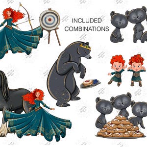 May include: Digital illustrations of a red-haired princess in a teal gown with gold detailing, a black horse, bears, and a target with a bow and arrow. The text "INCLUDED COMBINATIONS" is also present.
