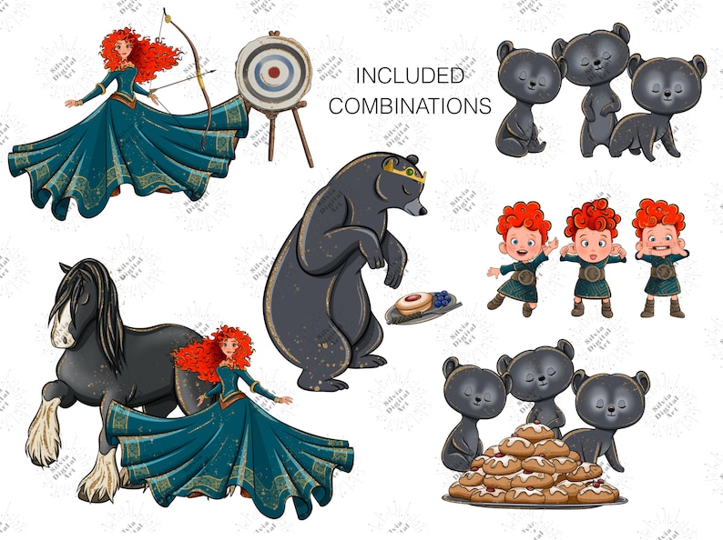 May include: Digital illustrations of a red-haired princess in a teal gown with gold detailing, a black horse, bears, and a target with a bow and arrow. The text "INCLUDED COMBINATIONS" is also present.