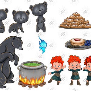 May include: Digital illustrations of cartoon bears, a stack of biscuits, a dessert with berries, a blue flame, a cauldron with green liquid over a fire, and three cartoon children with red curly hair.