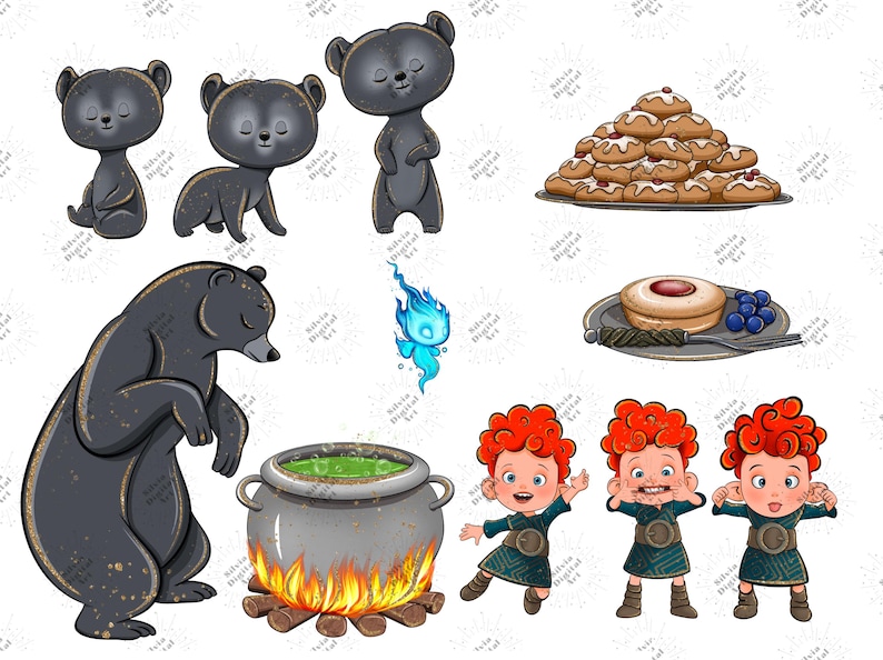 May include: Digital illustrations of cartoon bears, a stack of biscuits, a dessert with berries, a blue flame, a cauldron with green liquid over a fire, and three cartoon children with red curly hair.