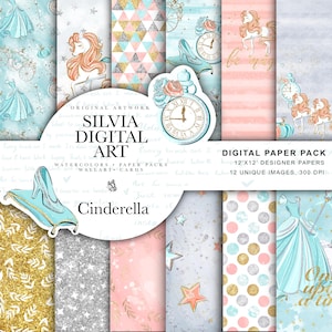 Puede incluir: Un paquete de papel digital con diseños temáticos de Cenicienta. El paquete incluye 12 imágenes únicas de 30,5 x 30,5 cm con ilustraciones de acuarela del vestido, el reloj y el carruaje de Cenicienta, en tonos azules, rosas y dorados.