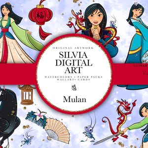 Puede incluir: Arte digital con ilustraciones de Mulan en varias poses, con un dragón rojo, un caballo negro y elementos tradicionales chinos. La obra de arte incluye el texto "Silvia Digital Art" y "Mulan".