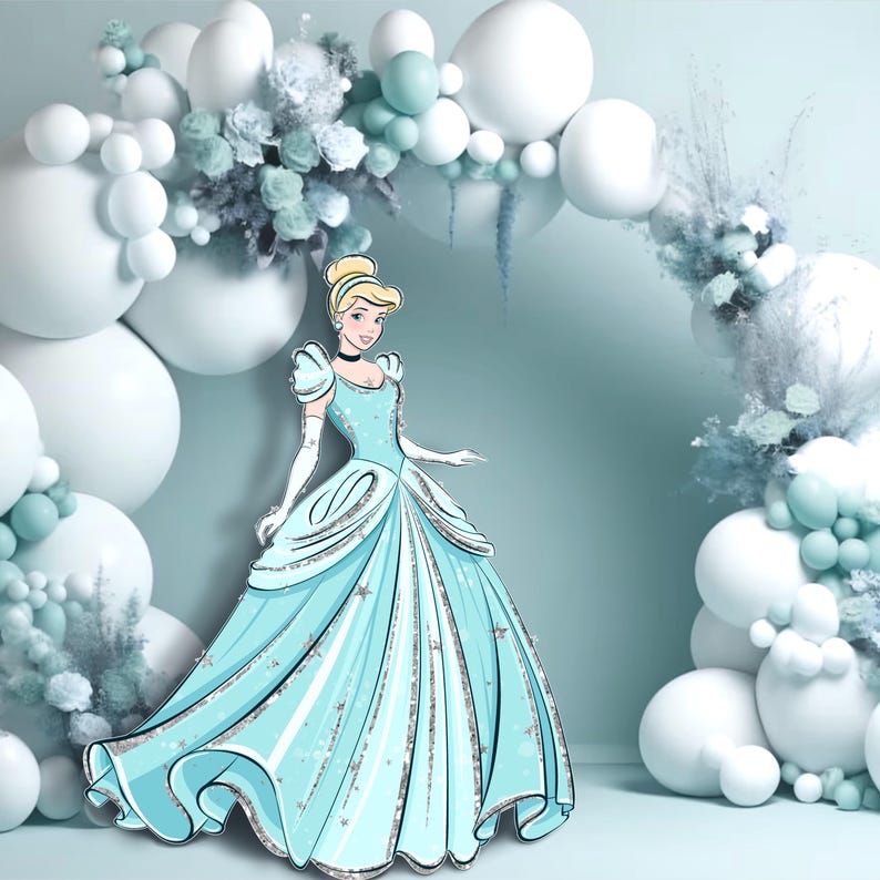 May include: A cartoon illustration of Cinderella in a light blue gown with silver accents, set against a backdrop of white and light blue balloons and floral arrangements. The princess has blonde hair and wears a black choker.