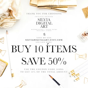 May include: White background with text promoting Silvia Digital Art. The text includes "Buy 10 items, Save 50%" and the coupon code "50SDA". The image also features pencils, gold paper clips, and a paintbrush.