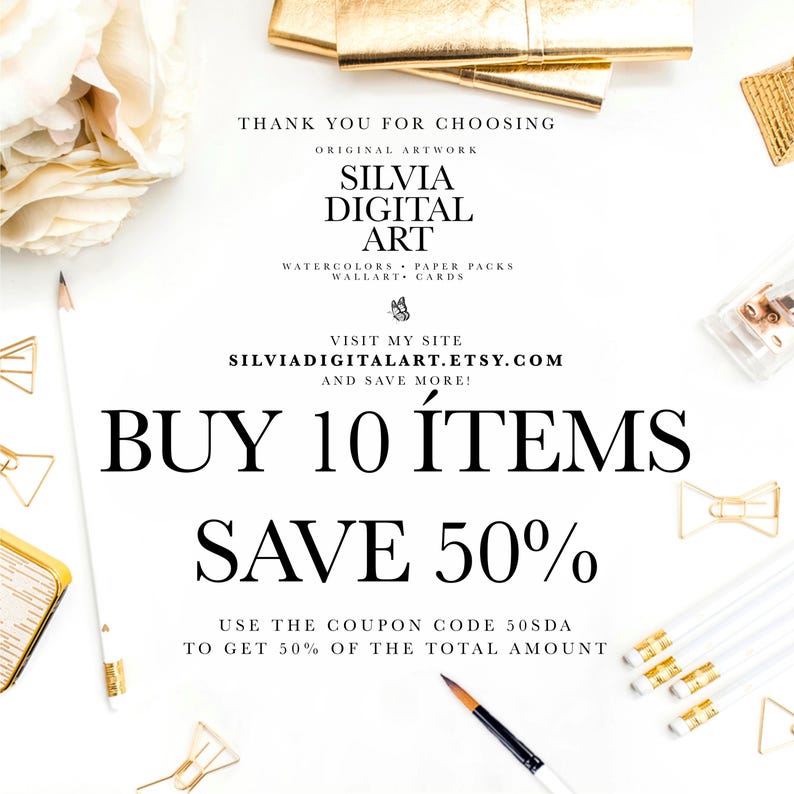 May include: White background with text promoting Silvia Digital Art. The text includes "Buy 10 items, Save 50%" and the coupon code "50SDA". The image also features pencils, gold paper clips, and a paintbrush.