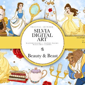 May include: Digital art featuring characters and objects from Beauty and the Beast. Includes illustrations of Belle in a blue dress, Belle in a yellow dress, the Beast, a clock, a mirror, a rose in a glass dome, and other themed items. The artwork is labeled "Silvia Digital Art".