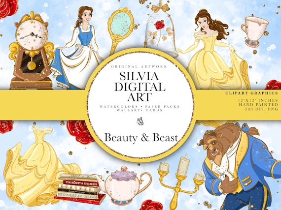 Beauty and the Beast Clipart, Belle, Chip, Lumiere, Potts, Castle, Hand drawn