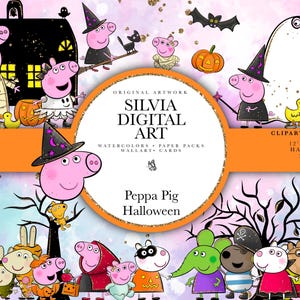 Puede incluir: Ilustración digital de Peppa Pig disfrazados para Halloween. La imagen presenta personajes con disfraces de momia, bruja y pirata, con calabazas, murciélagos y una casa embrujada. La obra de arte mide 30.48cm x 30.48cm y está pintada a mano.