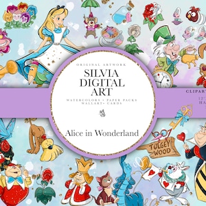 Puede incluir: Una colección de arte digital con personajes de Alicia en el país de las maravillas. La imagen incluye a Alicia, el Gato de Cheshire, el Sombrerero Loco, la Reina de Corazones y otros personajes icónicos. La obra de arte está pintada a mano y contiene el texto "Silvia Digital Art".