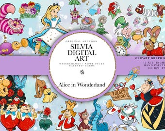 May include: A digital art collection featuring characters from Alice in Wonderland. The image includes Alice, the Cheshire Cat, the Mad Hatter, the Queen of Hearts, and other iconic characters. The artwork is hand-painted and includes the text "Silvia Digital Art".