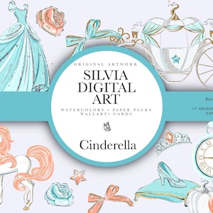 Op de afbeelding: Digitale kunst met illustraties met het thema Assepoester. Bevat een blauwe jurk, een paard, een koets, een klok en andere sprookjeselementen. Het kunstwerk is getiteld "Silvia Digital Art" en bevat de tekst "Cinderella".