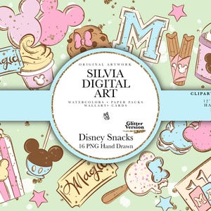 Puede incluir: Una colección de arte digital con ilustraciones dibujadas a mano de aperitivos con motivos de Mickey Mouse, incluyendo palomitas, helados, churros y entradas sobre un fondo verde claro. La etiqueta circular central dice SILVIA DIGITAL ART.