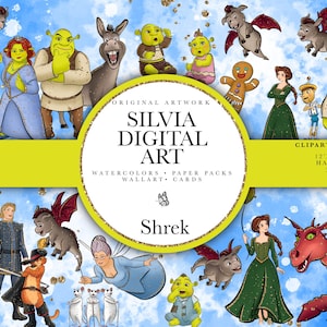 Puede incluir: Una impresión de arte digital con personajes de la película animada "Shrek". La obra de arte incluye a Shrek, Fiona, Burro y otros personajes, sobre un fondo de cielo azul. La imagen incluye el texto "SILVIA DIGITAL ART."