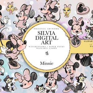 Pode incluir: Ilustração digital com múltiplas representações da Minnie Mouse em várias poses, juntamente com outras personagens de desenhos animados. A obra de arte inclui o texto "SILVIA DIGITAL ART" e "Minnie". Os gráficos são de 30.48cm x 30.48cm e pintados à mão.