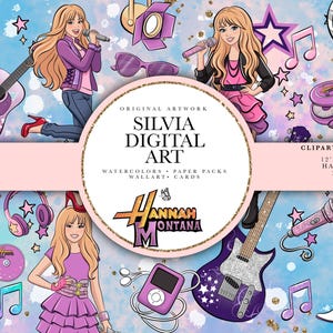 Puede incluir: Ilustración digital con representaciones de una estrella del pop, guitarras y notas musicales. La obra de arte incluye el texto "SILVIA DIGITAL ART" y "HANNAH MONTANA". El diseño incorpora una paleta de colores rosa, morado y azul, con elementos como una bola de discoteca y una mariposa.