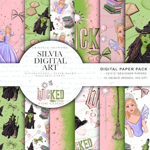 Puede incluir: Paquete de papel digital con ilustraciones de brujas, princesas y elementos mágicos. El diseño incluye fondos rosas y verdes con lazos, libros y el texto "Wicked For Good". El paquete incluye 12 papeles de diseño únicos de 30,48 cm x 30,48 cm.