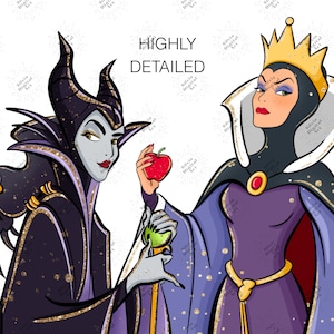 May include: Digital illustration featuring two characters. One is a woman with black horns, a black cape, and a raven on her shoulder. The other is a woman in a purple dress and a gold crown, holding a red apple. Text reads "HIGHLY DETAILED."