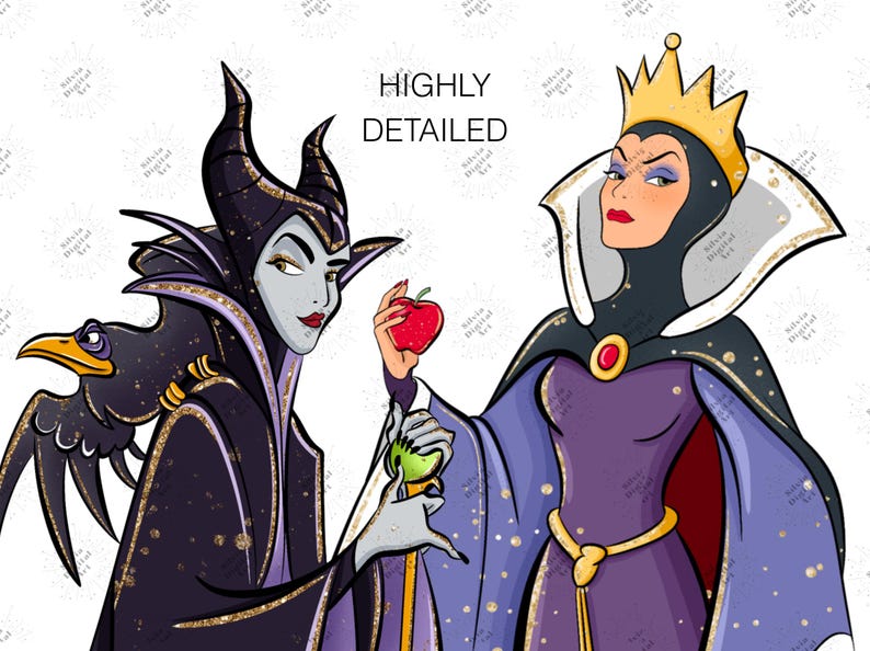 May include: Digital illustration featuring two characters. One is a woman with black horns, a black cape, and a raven on her shoulder. The other is a woman in a purple dress and a gold crown, holding a red apple. Text reads "HIGHLY DETAILED."